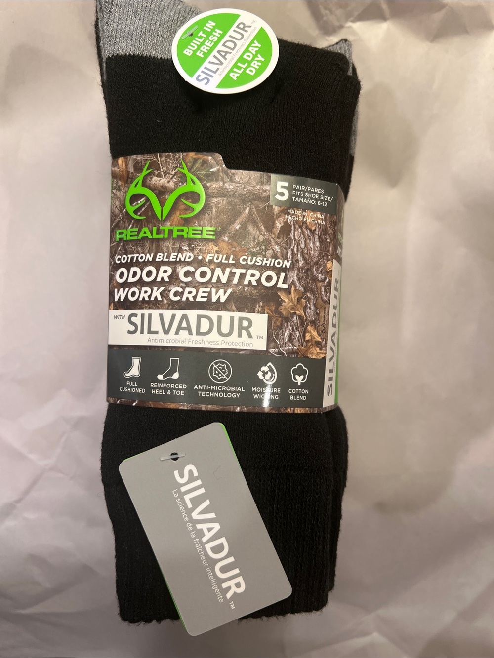 Realtree Black & Gray Crew Socks - Odor Control 5-Pack